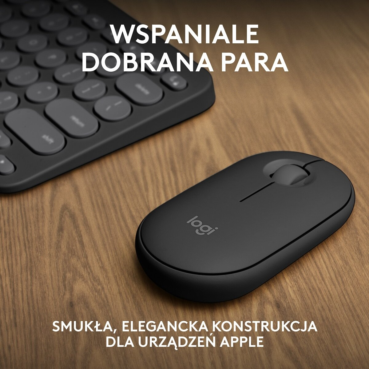 Czarna mysz i klawiatura Logitech na drewnianej powierzchni.