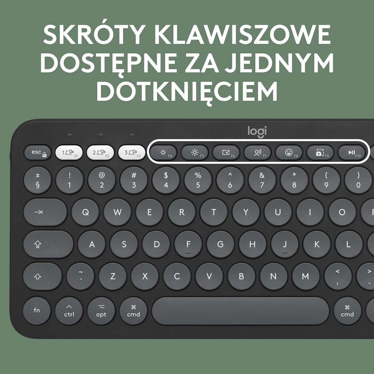 Zbliżenie czarnej klawiatury z klawiszami funkcyjnymi, pokazujące skróty klawiszowe i logo Logitech.