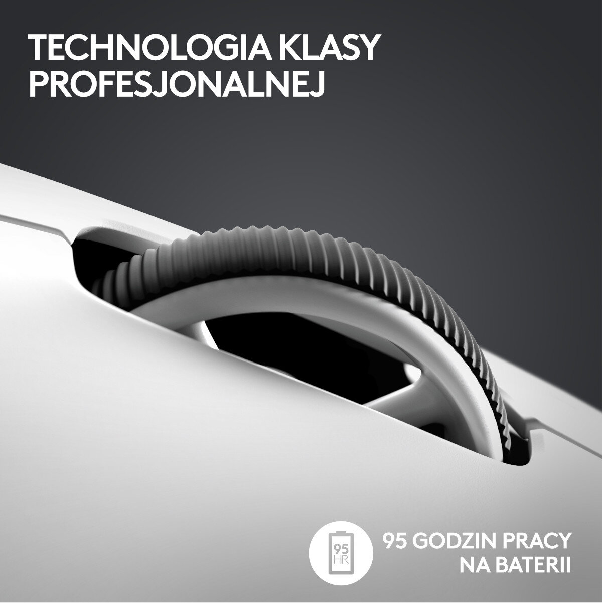 Zbliżenie białej myszy z czarnym kółkiem przewijania. Tekst: Technologia klasy profesjonalnej.