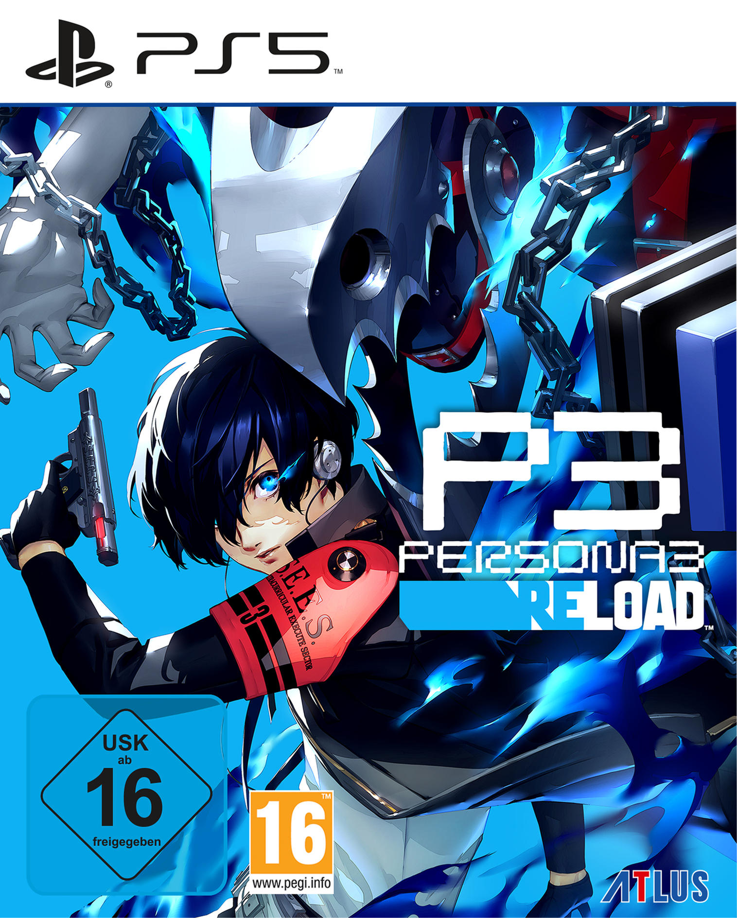 PS5-Spielcover für 'Persona 3 Reload'. Anime-Charakter mit einer Waffe und blauen Flammen.
