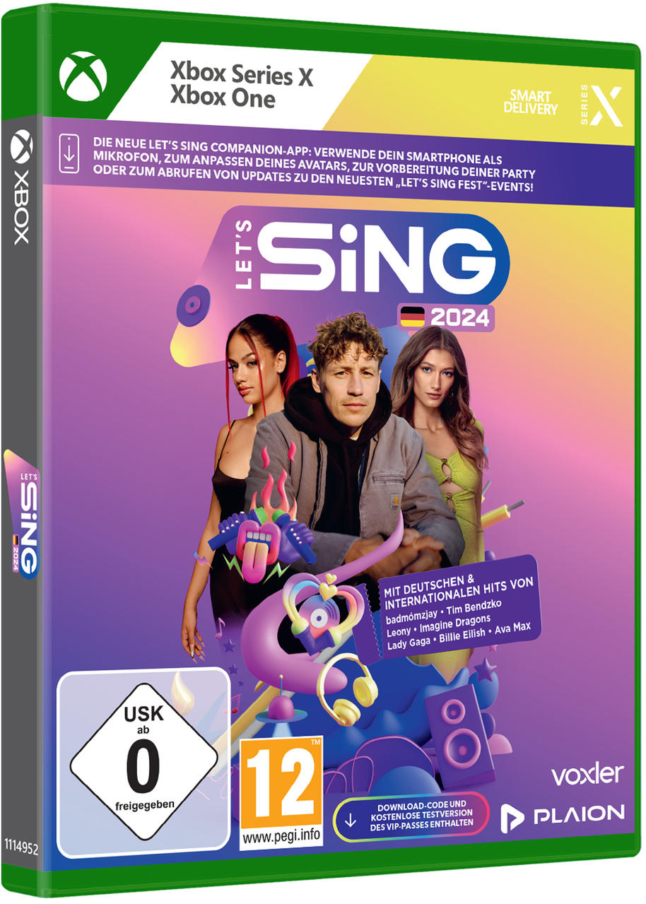 Let's Sing 2024 Spielbox für Xbox Series X und Xbox One, mit Sängerbildern.