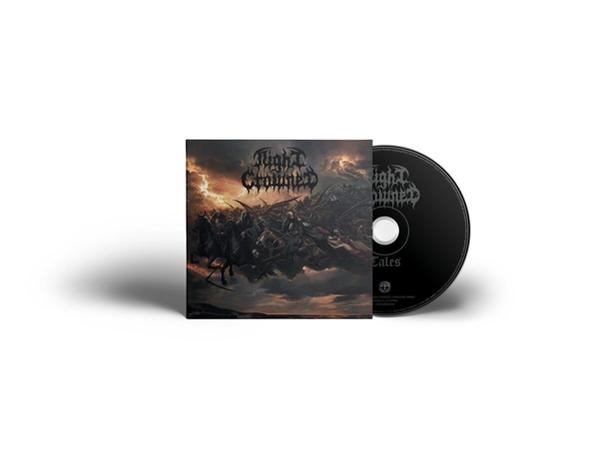 Albumcover und CD der Band 'Night Crowned'. Das Cover zeigt eine Kampfszene mit dunklem Himmel und Flammen.