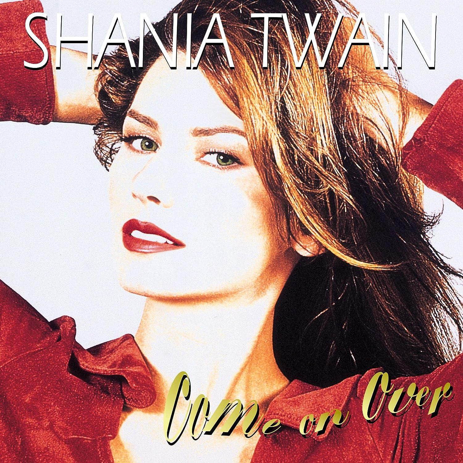 Shania Twain album borító, piros rúzsos hajú nővel, piros ingben.