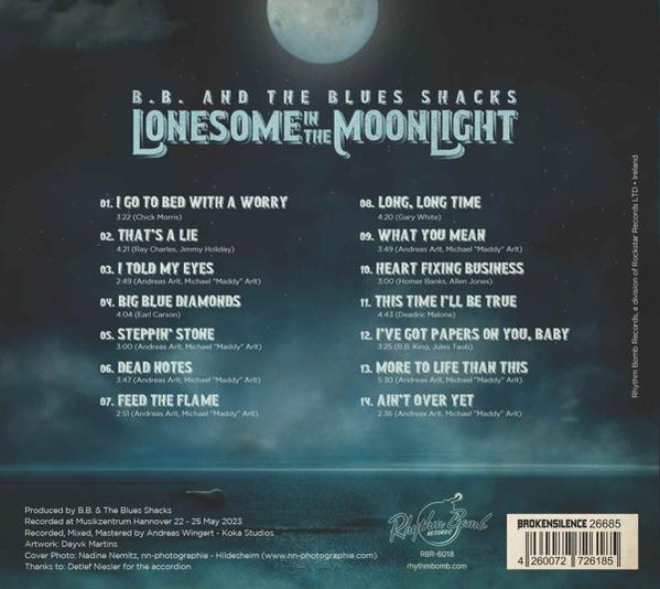 Albumcover mit Text. Listet eine Titelliste und Albumdetails auf. Blauer und weißer Hintergrund.
