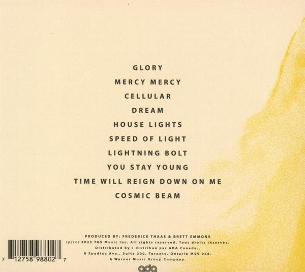 Album-Trackliste mit Text auf gelbem Hintergrund. Weißer Text listet Songtitel auf.