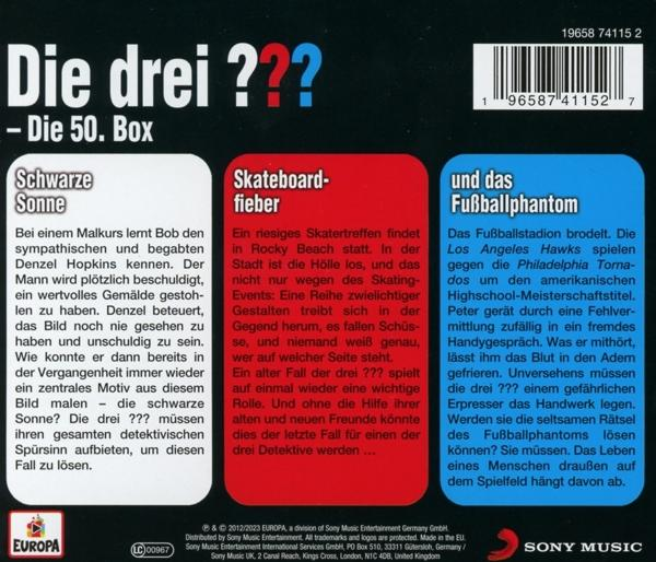 Rückseite einer DVD-Hülle mit deutschem Text. Der Titel lautet Die drei ??? - Die 50. Box