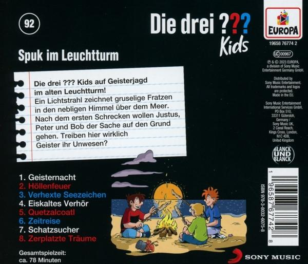 Rückseite einer Kinder-CD-Hülle mit Cartoon-Illustrationen und deutschem Text über eine Geistergeschichte.