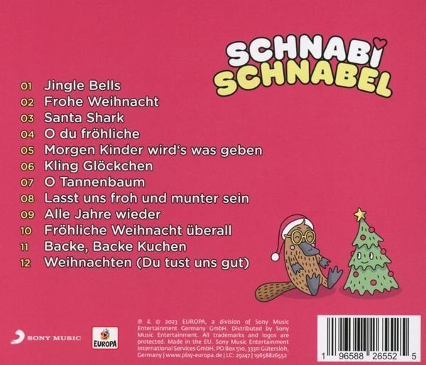 Rückseite einer CD-Hülle mit Songtiteln, einem Cartoon-Biber und einem Weihnachtsbaum.