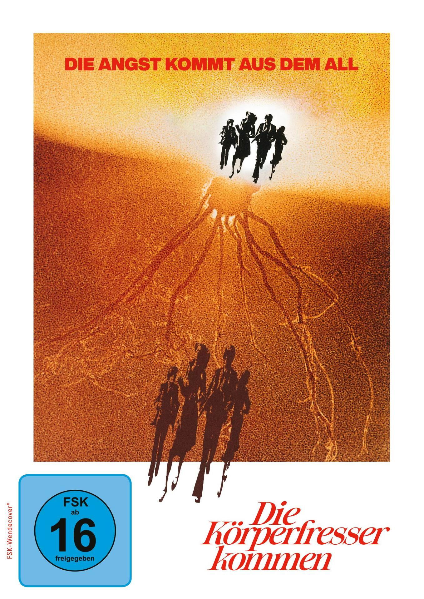 Filmplakat: Silhouetten von Menschen, oranger Hintergrund, Titel 'Die Körperfresser kommen'.