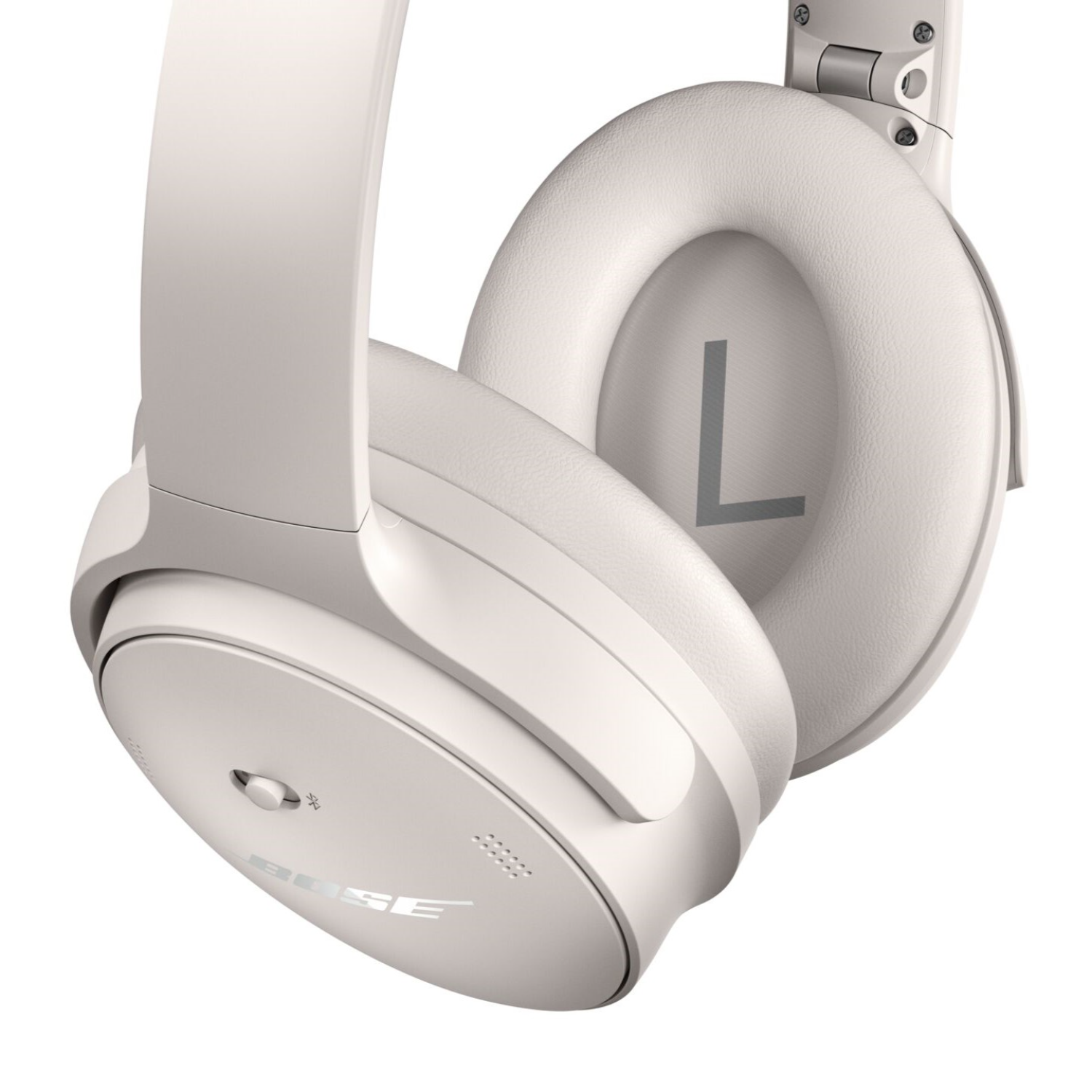 White Bose headphones with the letter 'L' visible. Isolated on a white background.