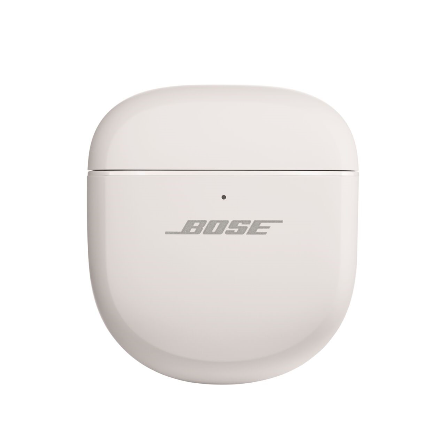 A close-up of white Bose earbuds charging case with the Bose logo.