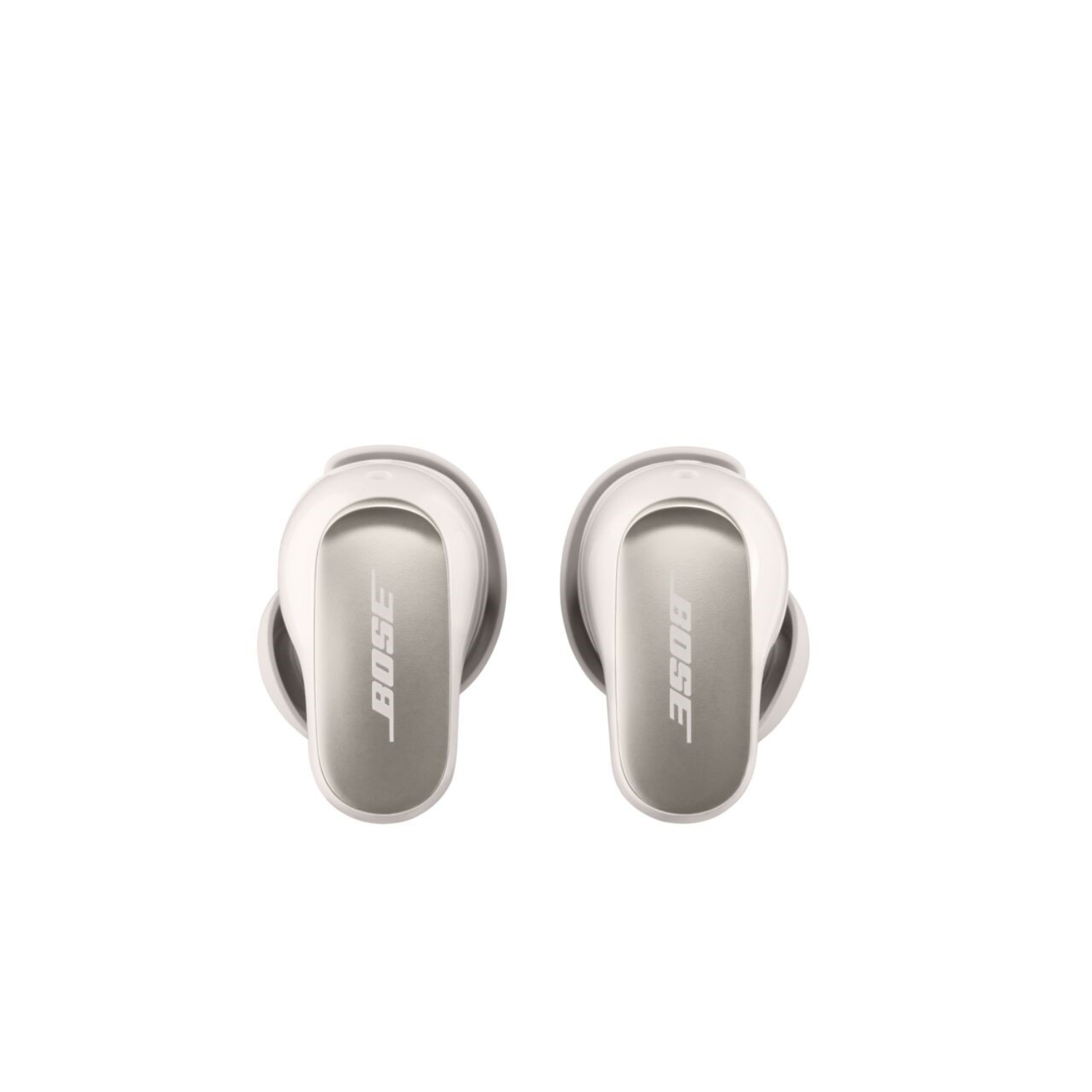 Two white earbuds with the brand name "Bose" printed on them, isolated on white.