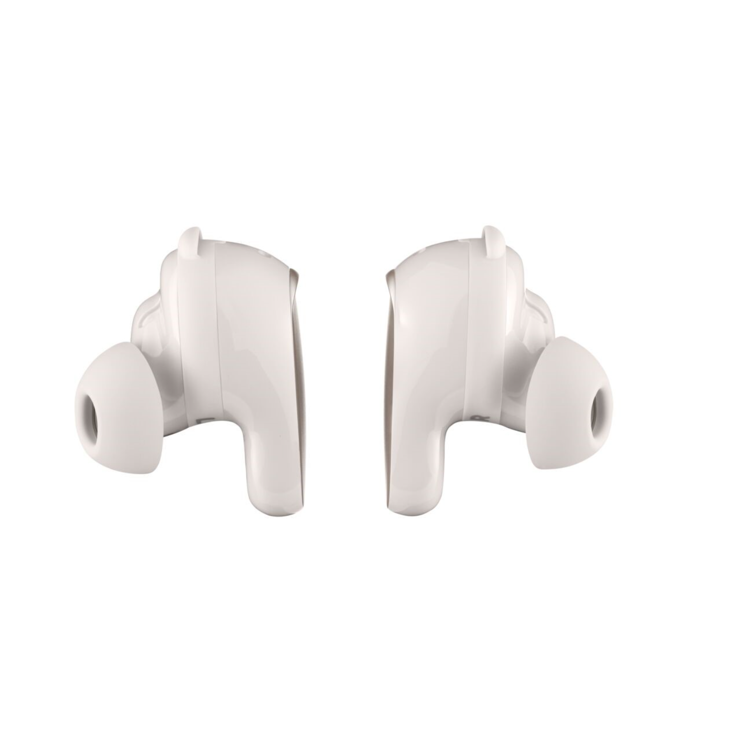 Two white wireless earbuds, with a white background.