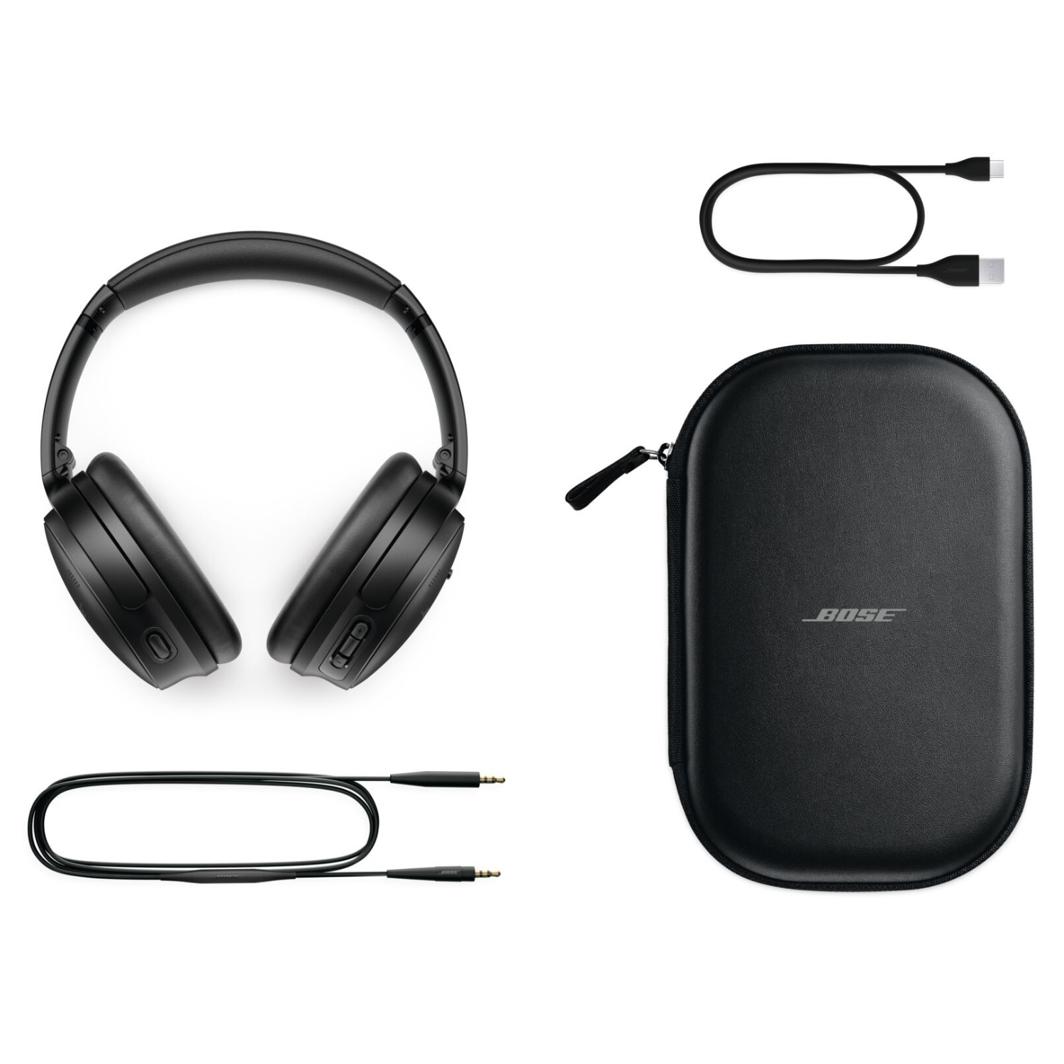 Bose headphones, a case, and charging cables. The headphones are black, with a black case.
