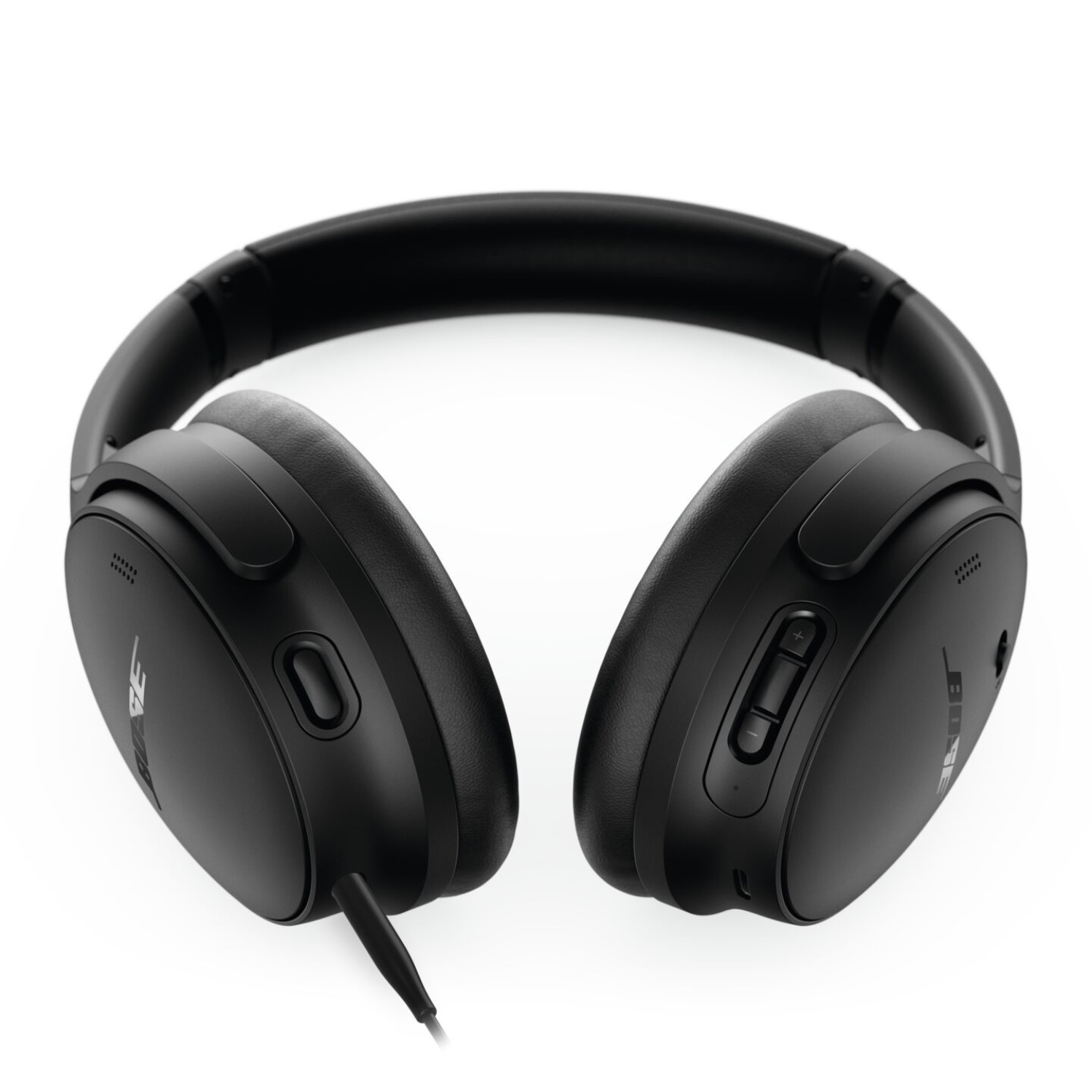 Black Bose headphones with a cable and controls. The headphones are on a white background.