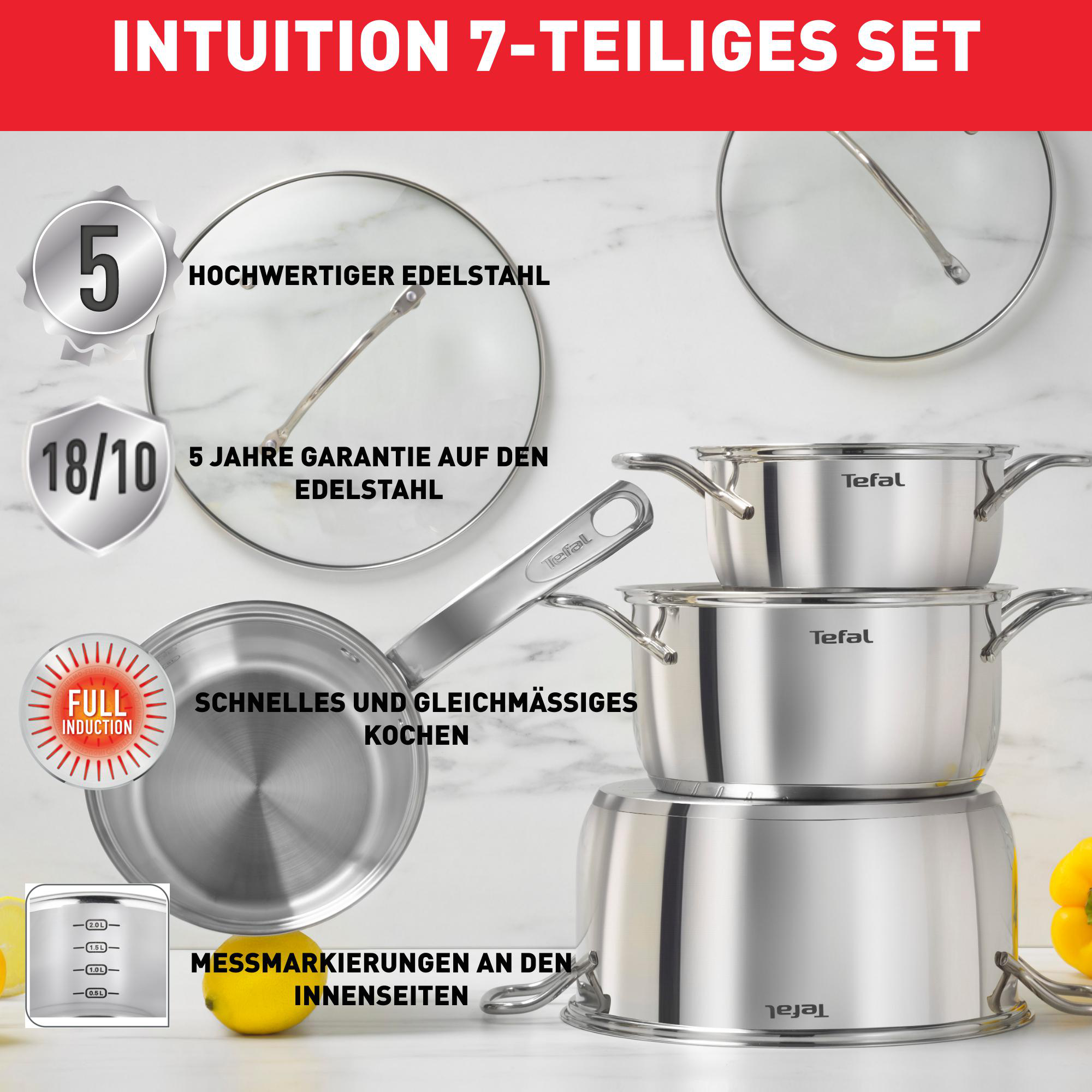Edelstahl-Kochgeschirr-Set mit Glasdeckeln und Messmarkierungen auf der Innenseite.