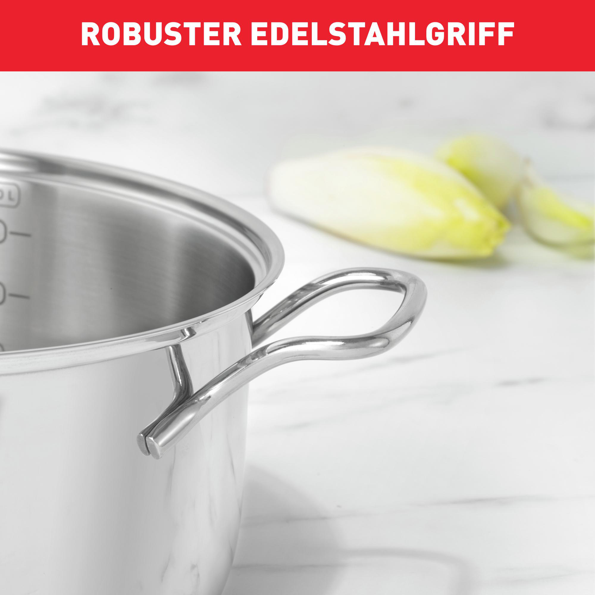 Edelstahltopf mit Griff und Gemüse im Hintergrund.