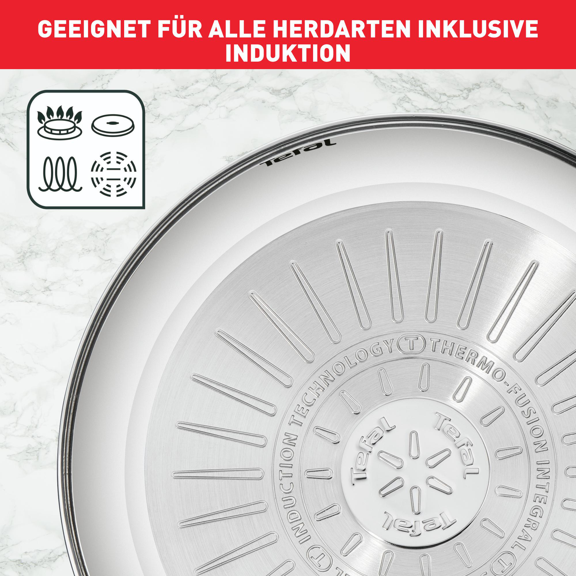 Nahaufnahme des Pfannenbodens. Edelstahl mit Induktionstechnologie-Markierungen.