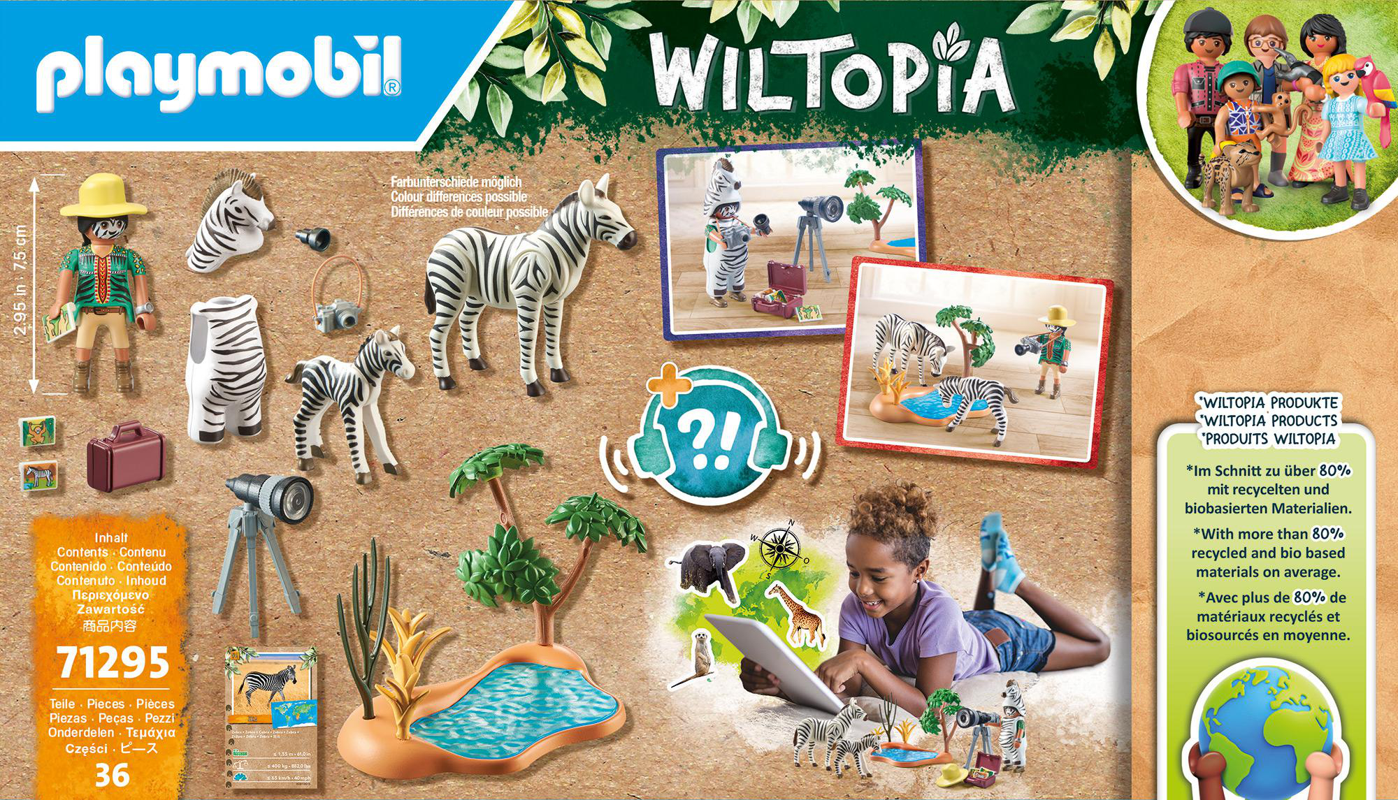 Playmobil Wiltopia Box-Layout mit verschiedenen Spielfiguren und Zubehör, einschließlich eines Zebras.