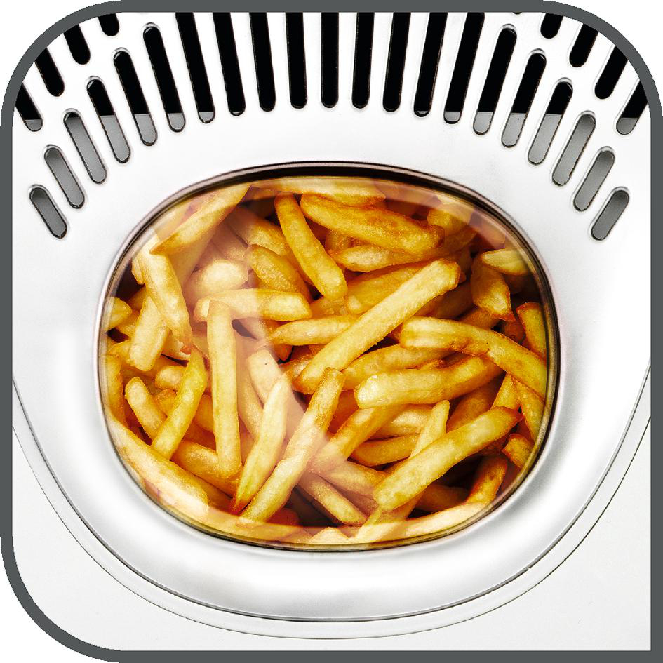 Heißluftfritteuse mit Pommes Frites darin. Es hat ein weißes und graues Design.