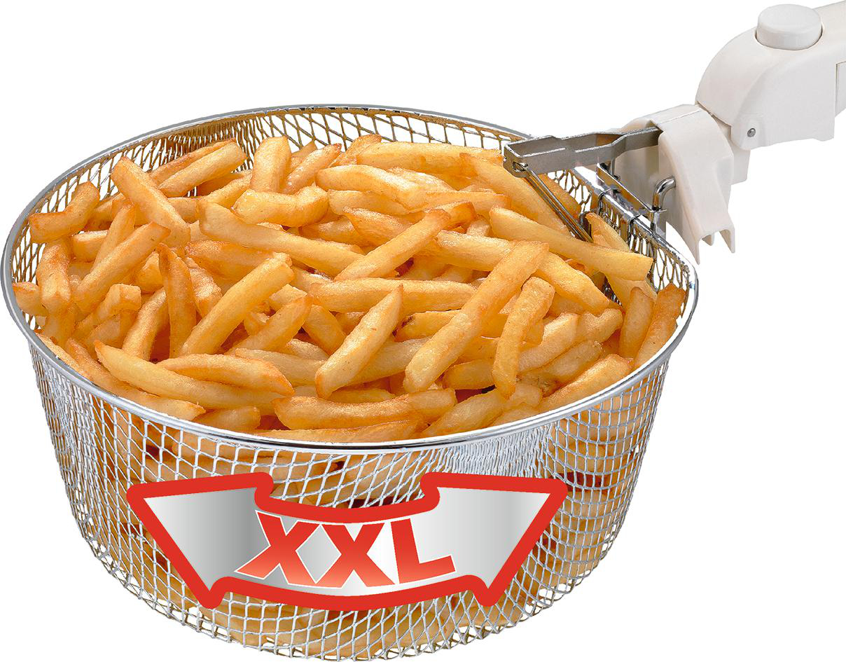 Ein Drahtkorb voller Pommes mit Griff, plus ein XXL-Pfeil-Label.