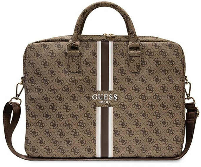 Brązowa torebka Guess z wzorem logo, biało-brązowym paskiem i uchwytem. Ma pasek na ramię.