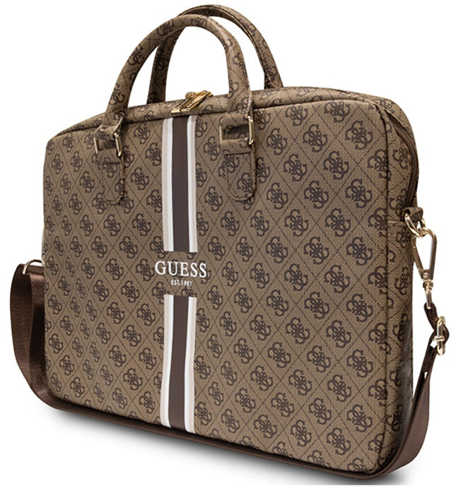 Brązowa teczka Guess z wzorem logo i białym paskiem, z paskiem na ramię.