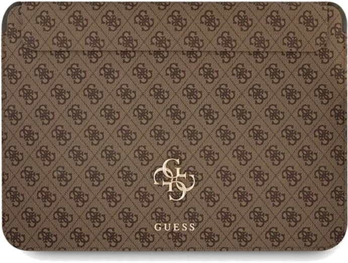 Brązowe etui na laptopa Guess z powtarzającym się wzorem logo i złotym logo Guess.