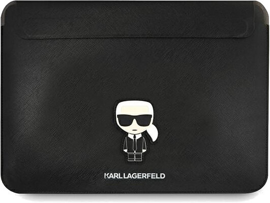Czarna torba na laptopa Karl Lagerfeld. Postać z kreskówki i logo na torbie.