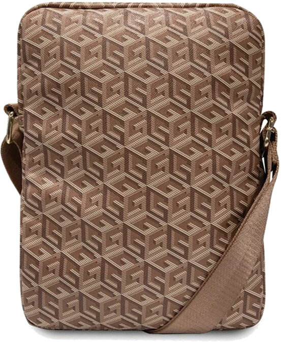 Brązowa torba z wzorem i paskiem na ramię, z geometrycznym wzorem. Torba zamknięta.