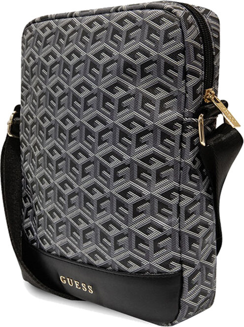 Czarna i szara torba na ramię Guess z geometrycznym wzorem i logo Guess.