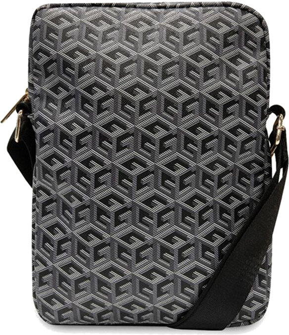 Czarno-szara torba kurierska z geometrycznym wzorem i czarnym paskiem.