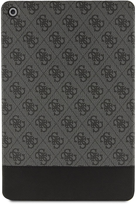 Szare etui na tablet z powtarzającym się wzorem logo, czarne wykończenie.