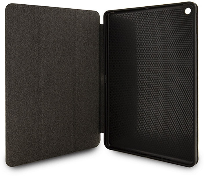 Otwarta czarna obudowa iPada z wnętrzem w kształcie plastra miodu i ciemnym zewnętrzem.