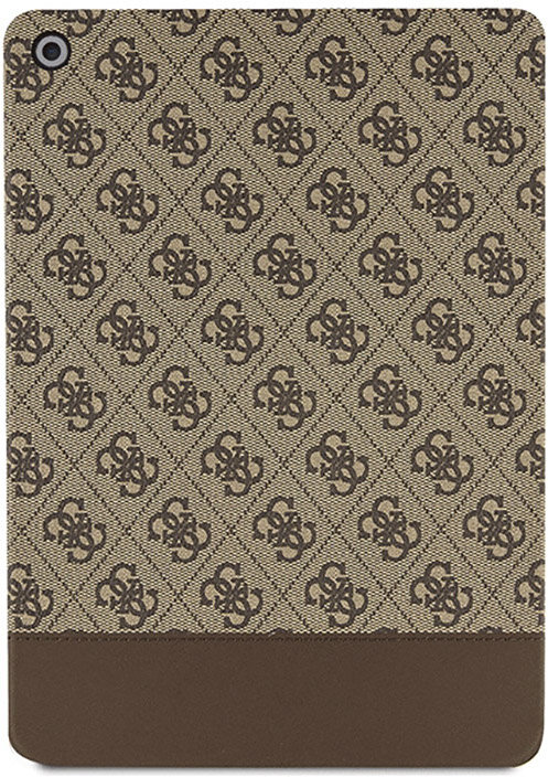 Etui na iPada z powtarzającym się wzorem. Kolory brązowy, złoty i kremowy. Dół jest jednolity brązowy.