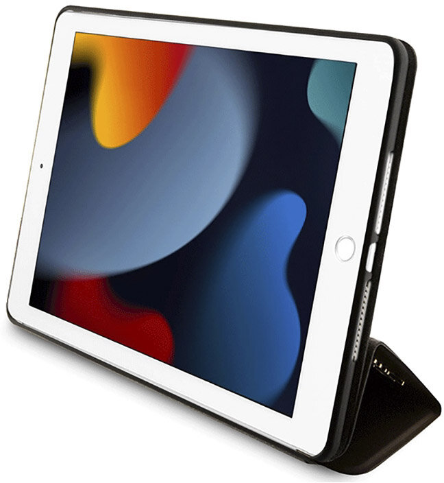 iPad w czarnym etui, lekko pochylony. Ekran wyświetla abstrakcyjne, kolorowe tło.