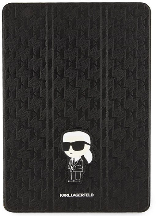 Czarne etui na tablet z projektem Karla Lagerfelda z postacią z kreskówki, czarne tło.