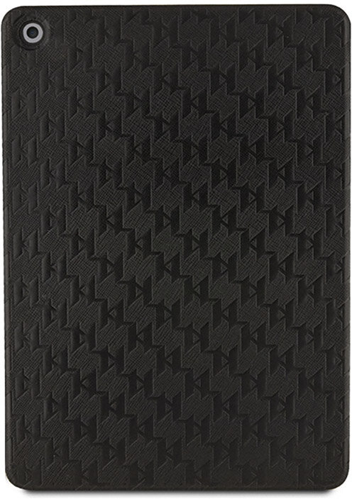 Czarne etui na tablet z powtarzającym się wzorem. Posiada wycięcie na aparat.