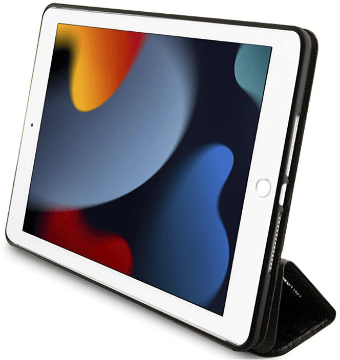 Tablet w etui, wyświetlający kolorowy, abstrakcyjny obraz na ekranie.