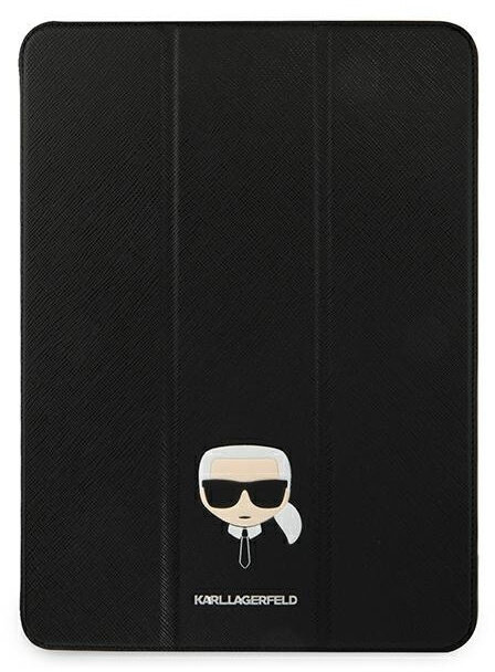 Czarne etui na tablet z logo Karla Lagerfelda. Ma czarno-białą twarz z kreskówki.