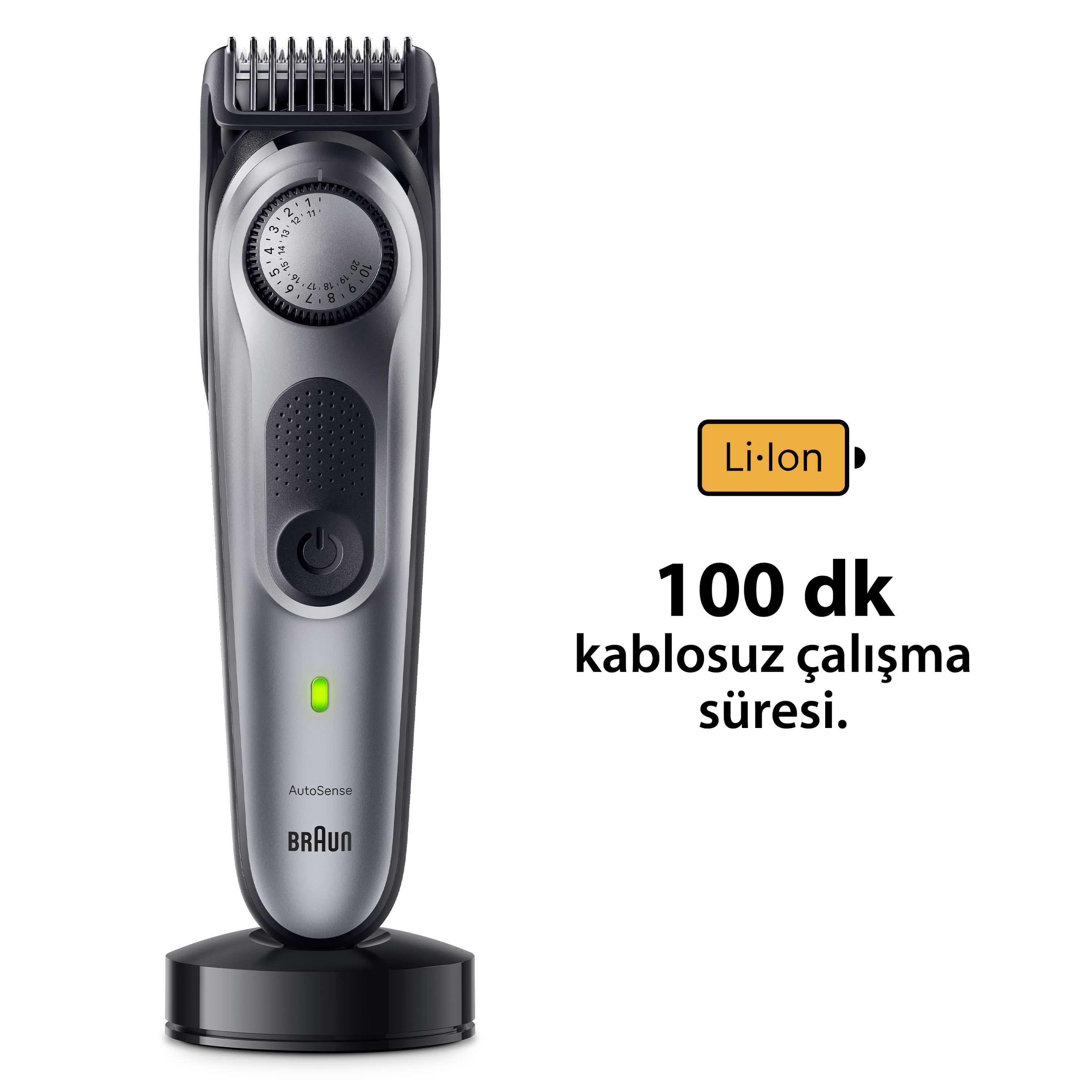 Ayarlarını ve pil göstergesini gösteren bir stant üzerinde siyah bir Braun sakal düzeltici.