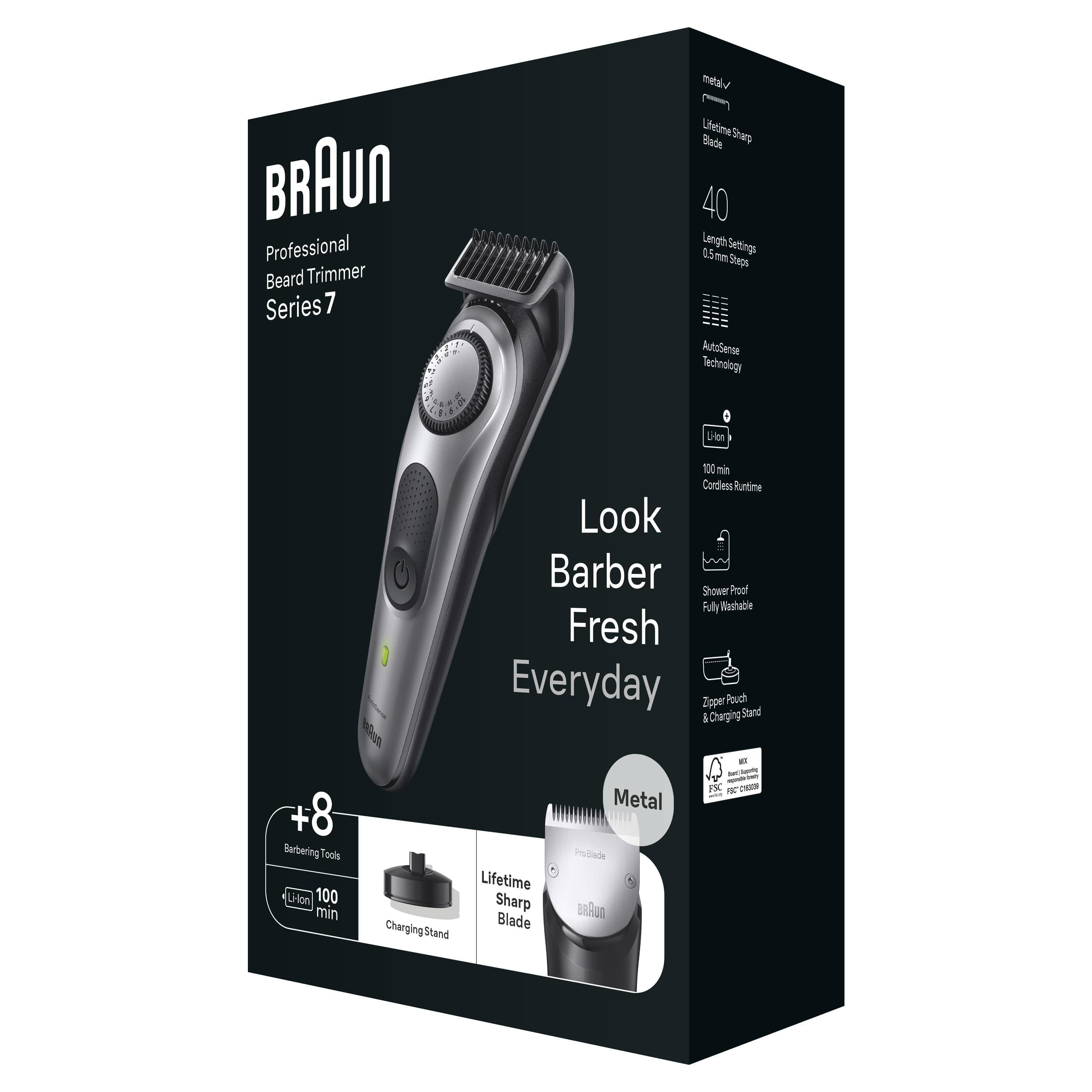 Braun Series 7 sakal kesme makinesi kutusu. Makine üzerinde metin: Look Barber Fresh Everyday. +8 Berberlik Aleti içerir.
