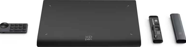 Schwarzes XP-Pen Zeichentablett mit Drehregler, Stifthalter und zwei Stiften.