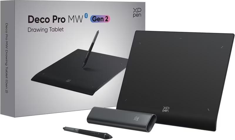 Zeichentablett mit Stift und Zubehör. Das Tablet ist schwarz, mit einer Box und einem Stifthalter.
