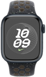 Apple Watch noire avec bracelet Nike, affichant un écran numérique.