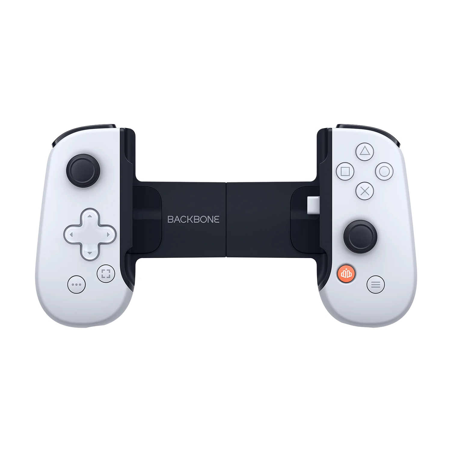 Un gamepad bianco e nero, con pulsanti su ogni lato. Il centro è un'area nera.