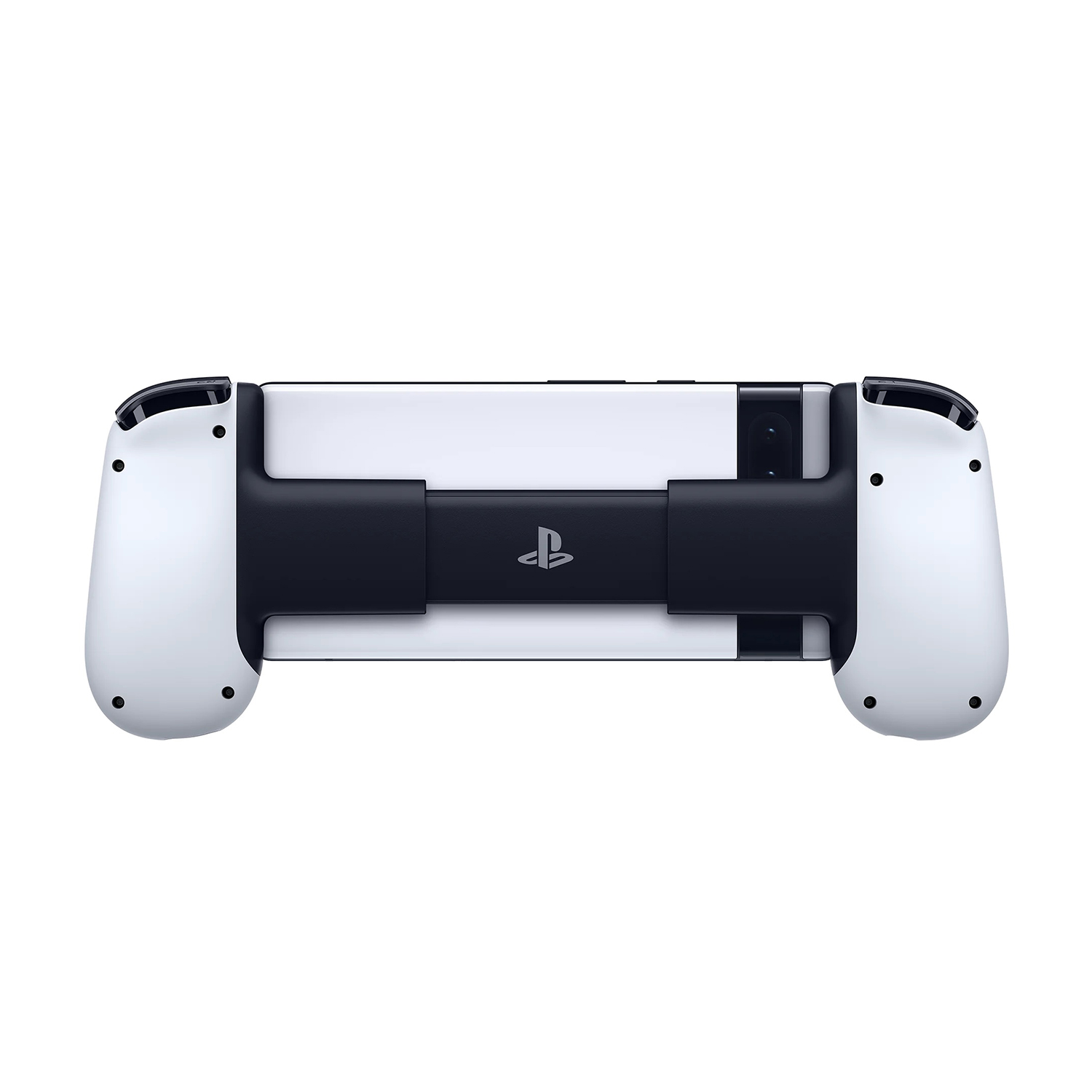 Controller di gioco portatile bianco e nero, con il logo PlayStation.