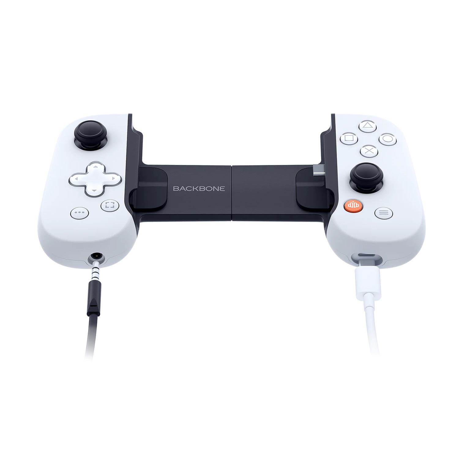 Un controller di gioco bianco e nero con pulsanti e un cavo USB-C collegato.