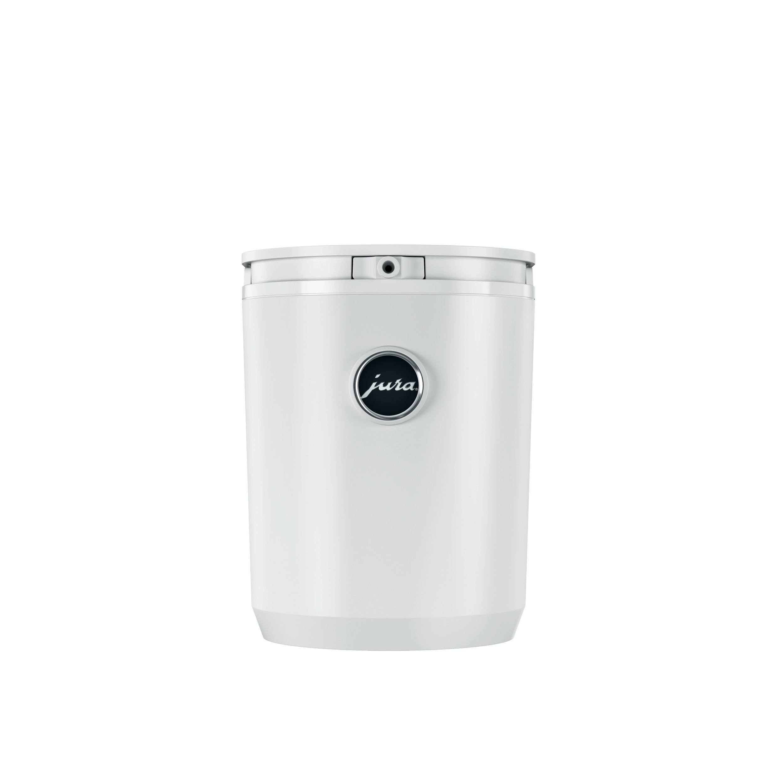 Weiße Jura Kaffeemaschine, zylindrische Form, mit Jura-Logo.