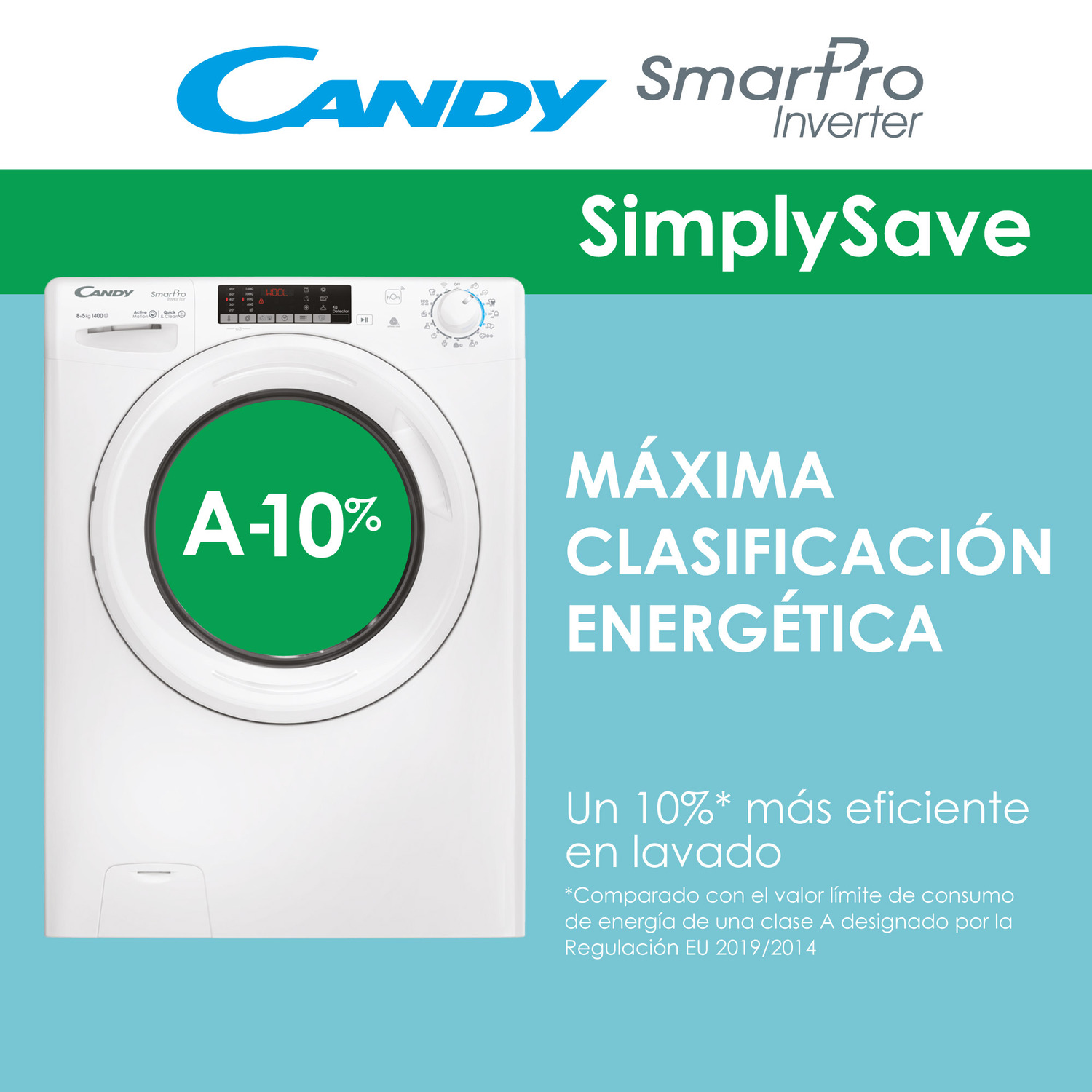 Lavadora con texto: 'A-10%'. Blanca con detalles verdes.